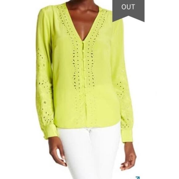 Veronica Beard Tops - Veronica Beard Womens Long Sleeve Silk Blouse 0 Green Floral Embroidered V Neck